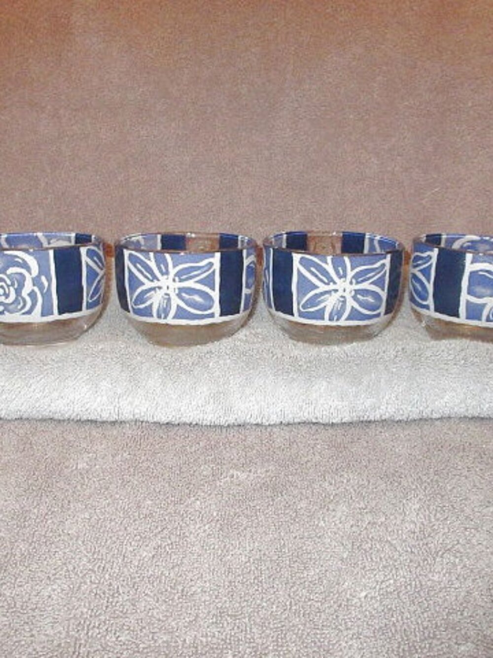 Arcoroc France Reflet Violet Blue Glass Mugs Cups Set of 4 Floral European Boho